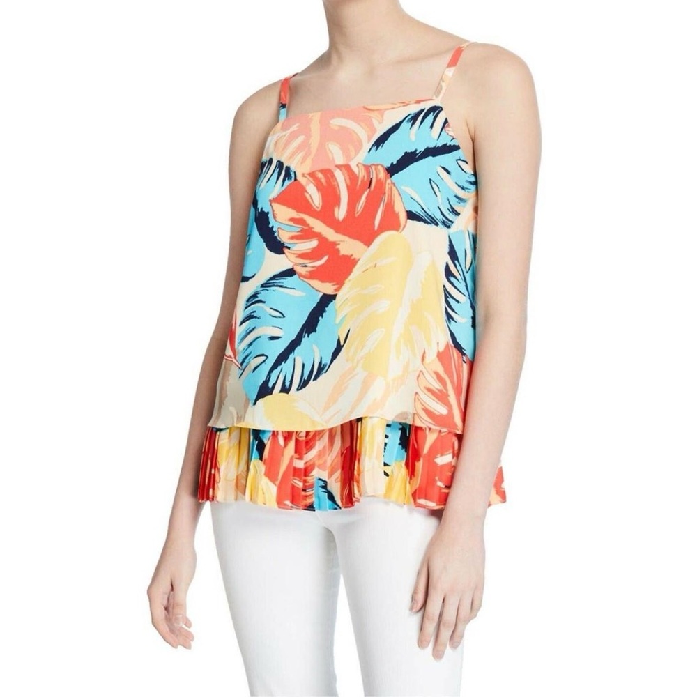 Laundry Shelli Segal Blouse Top Bright Floral Tropical Pleat Straps Size XL